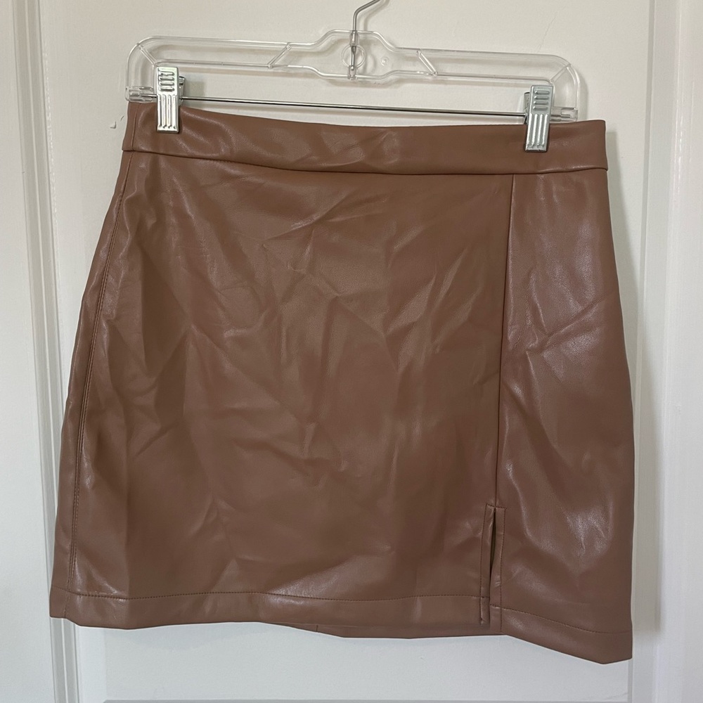 Brown Faux Leather Mini Skirt with side slit